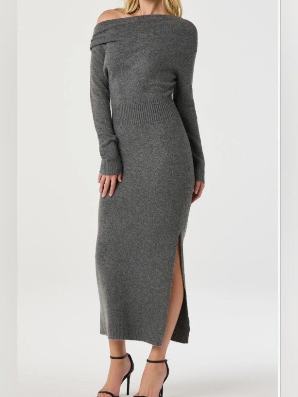 Astr Charcoal Gray Off-Shoulder Knit Maxi Dress